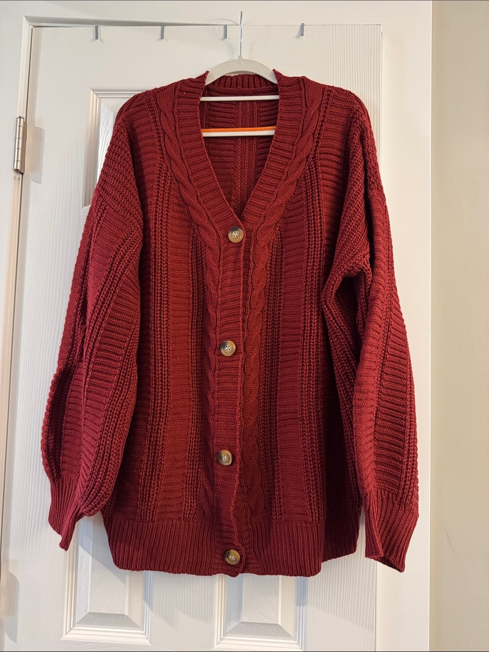 Cable Knit Button-Front Cardigan Sweater - Deep Red/Burgandy